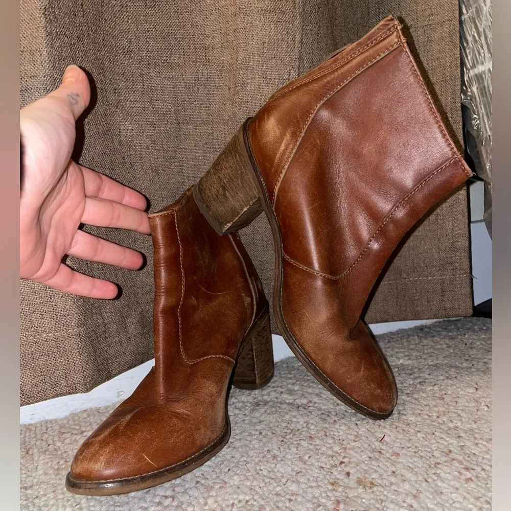 Madewell Brown Ankle Boot with Chunky Heel Western Leather Comfy Zip Up Cowgirl